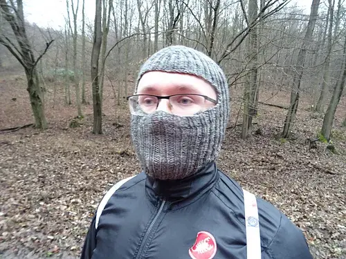 man in woods modelling ribbed vintage knit balaclava