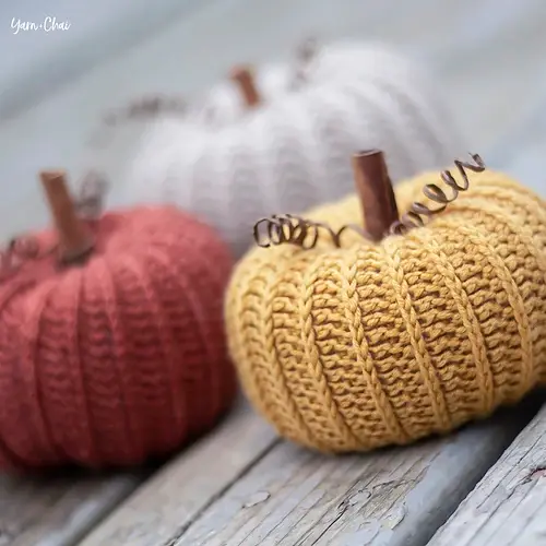 crochet pumpkin trio decor with wooden stems