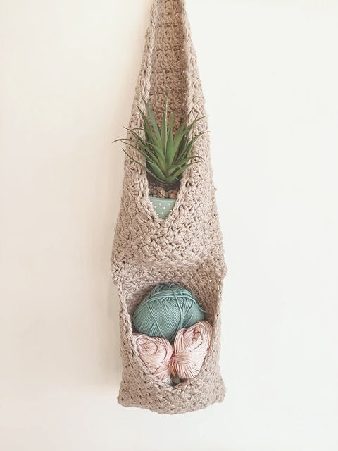 hanging basket crocheted with plant and yarn supplies