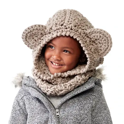 child modelling crochet bear ear balaclava