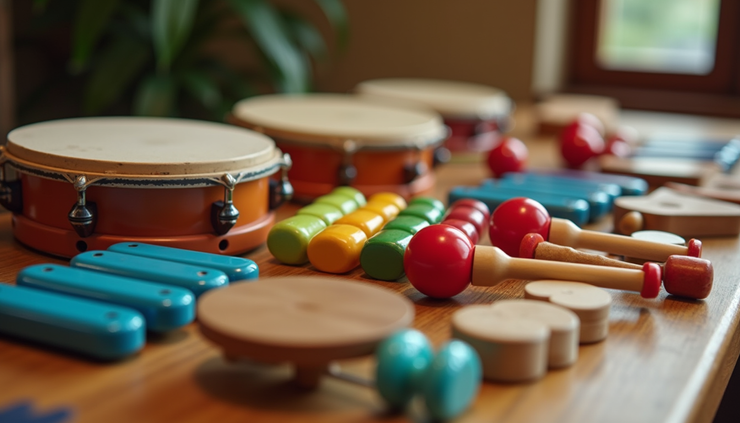 Close-up view of colorful musical instruments arranged on a wooden table