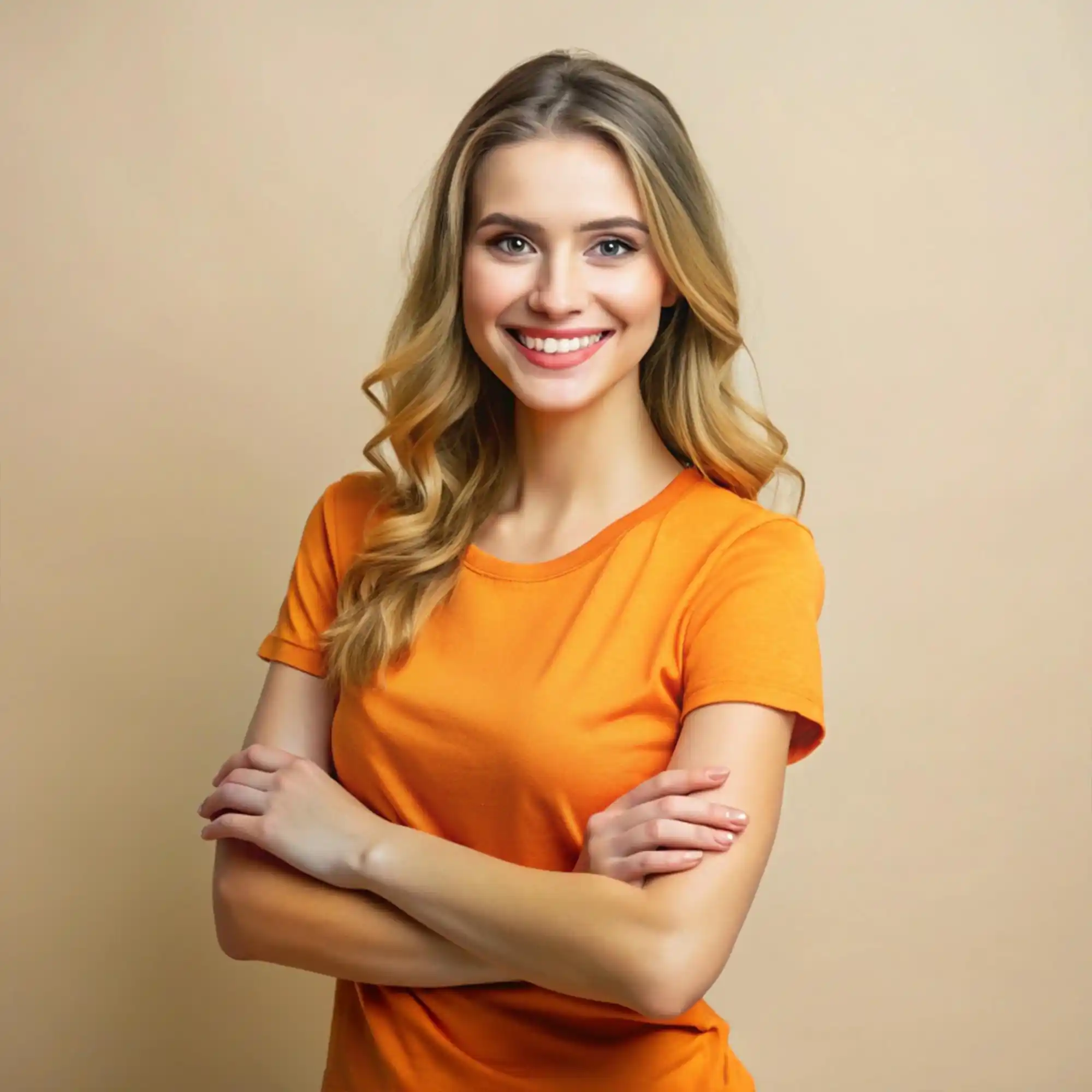 Smiling woman in orange t-shirt with arms crossed on a light background.