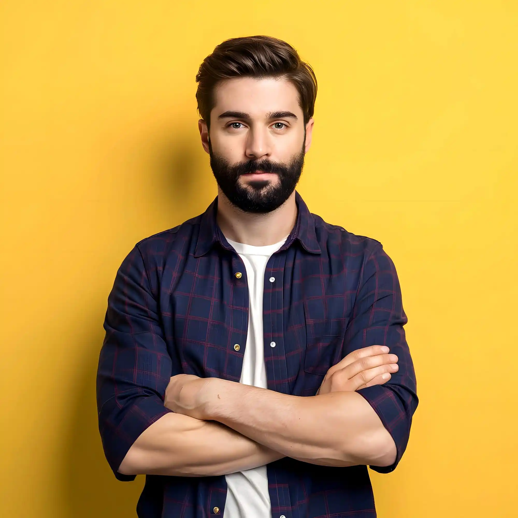 Bearded man in blue shirt, arms crossed, against yellow background.