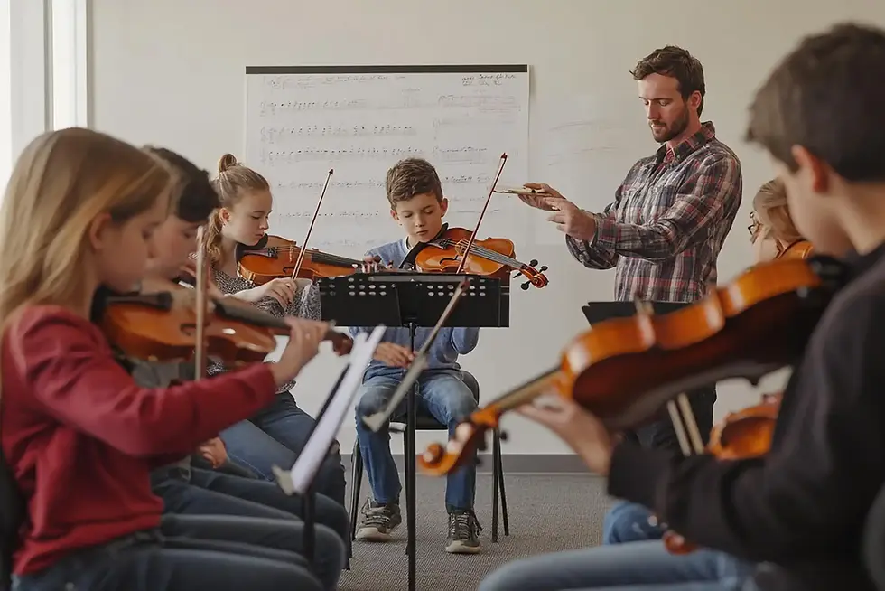 Teacher instructing children playing violins during a music class.