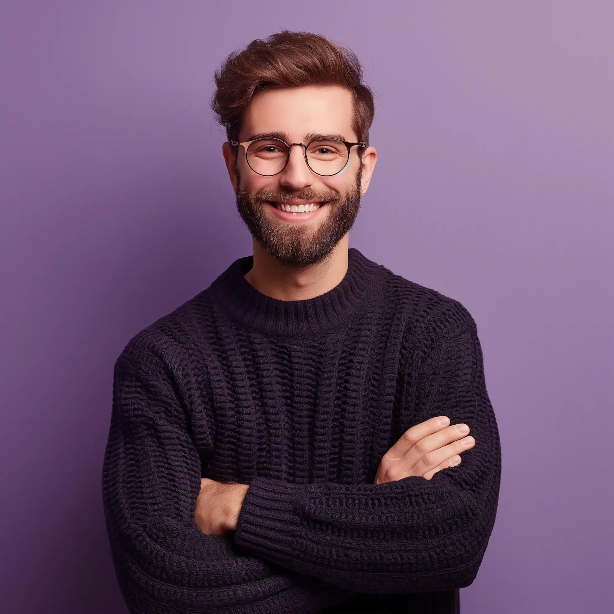 Bearded man with glasses smiling, arms crossed against purple background.