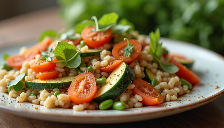 Eye-level view of a colorful plate with fresh vegetables and grains