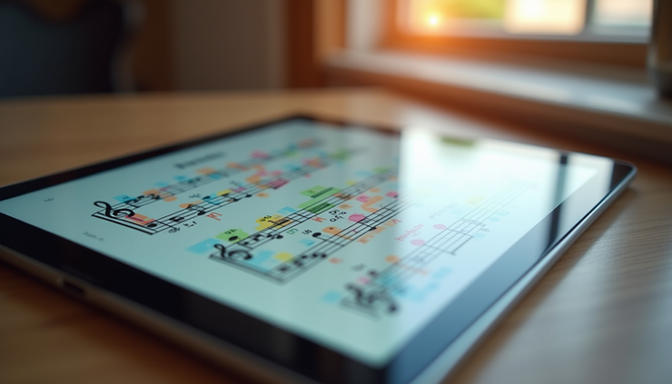 Close-up of a tablet showing a music learning app with colorful notes and interactive exercises