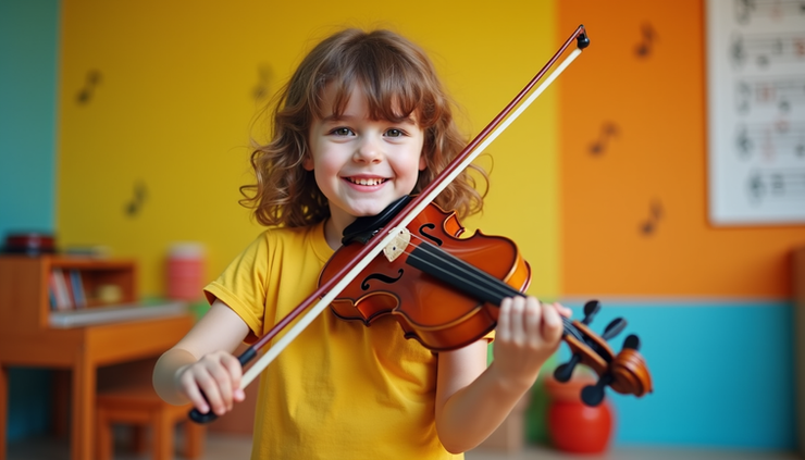 Eye-level view of a colorful music room with a young musician playing a violin