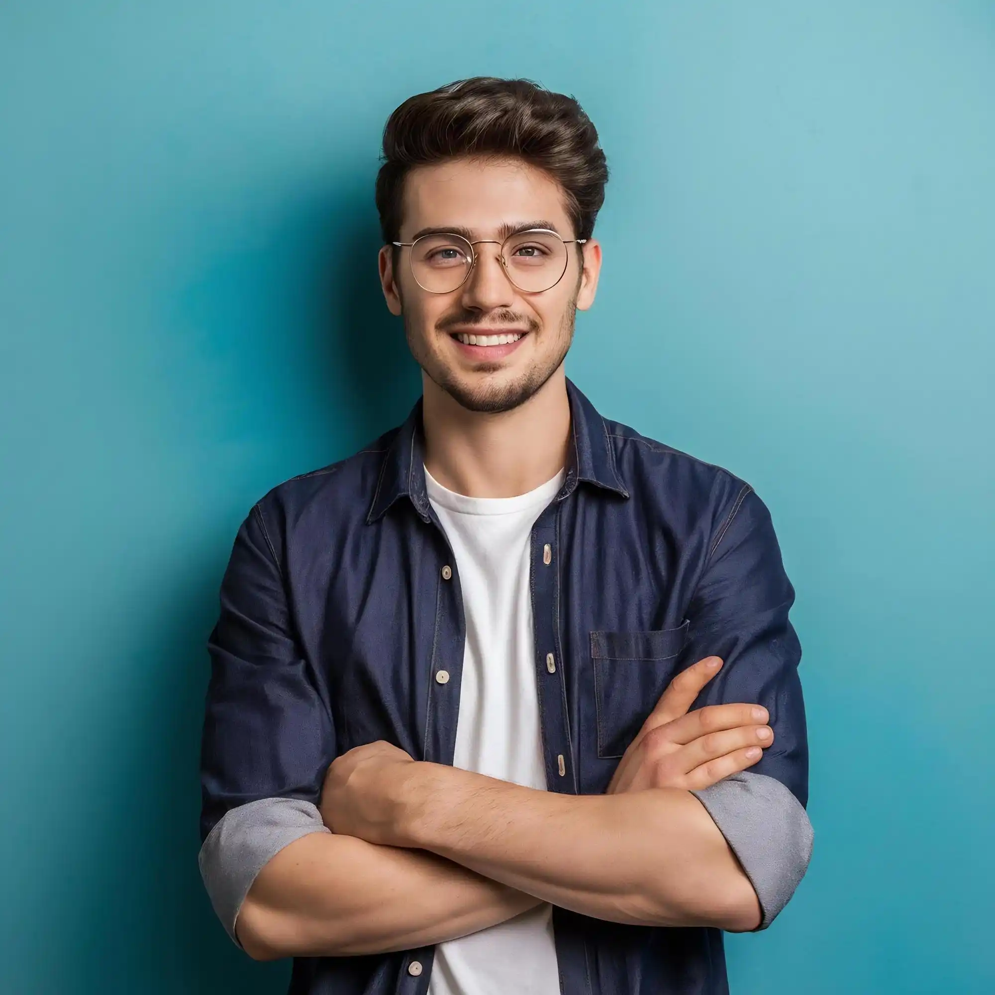 Young man with glasses, smiling, arms crossed against blue background.