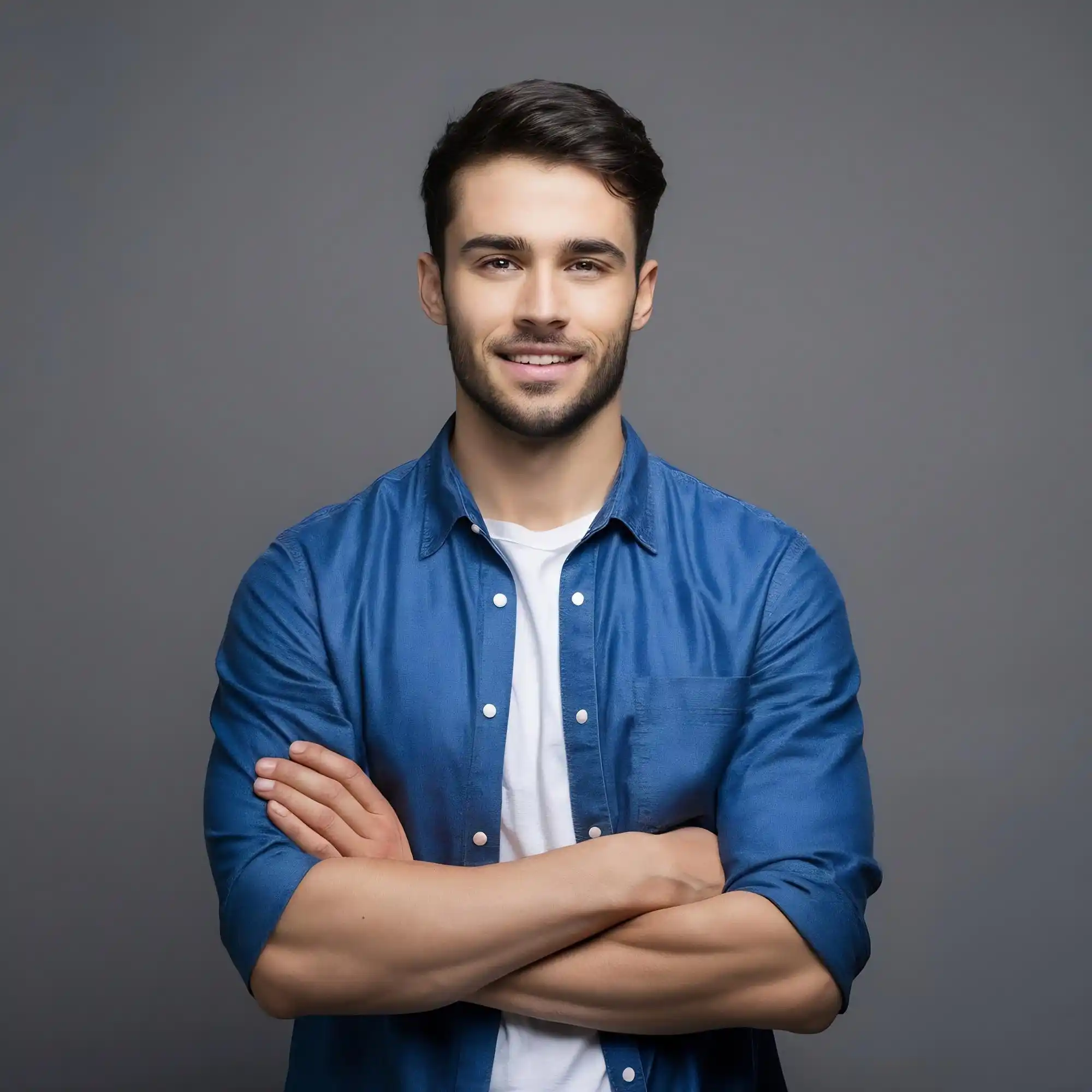Young man smiling with arms crossed against a grey background.