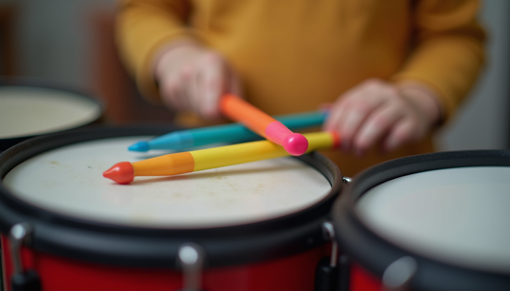 Close-up view of a child’s hands playing a small drum set with colorful drumsticks