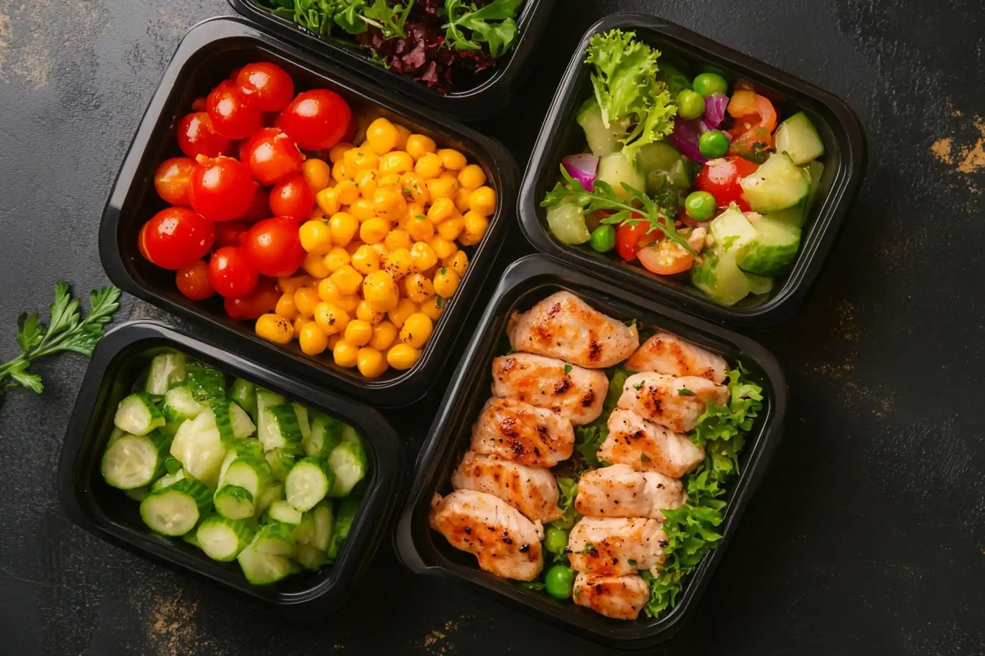Four healthy meal prep containers