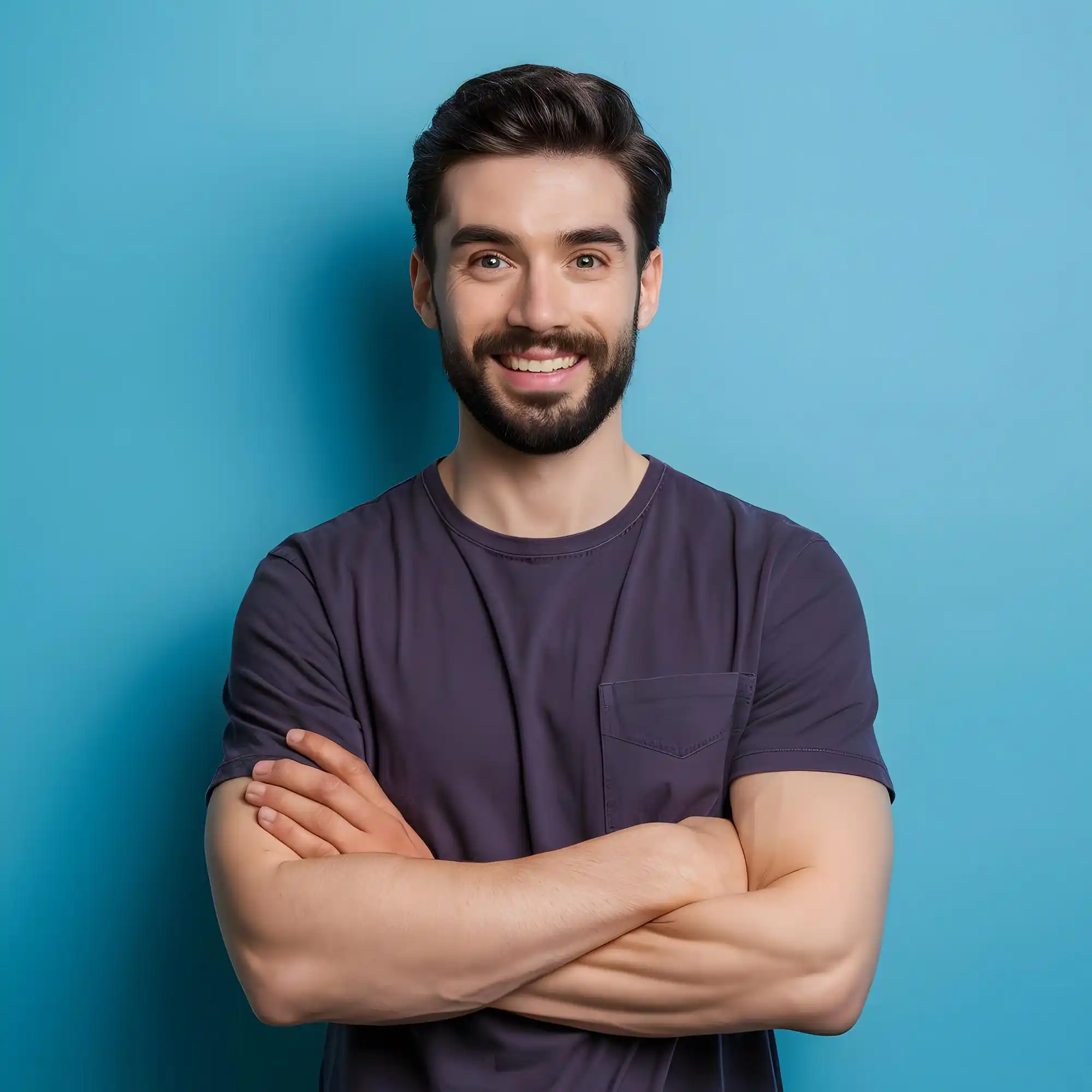 Happy bearded man in purple t-shirt, arms crossed, blue background.
