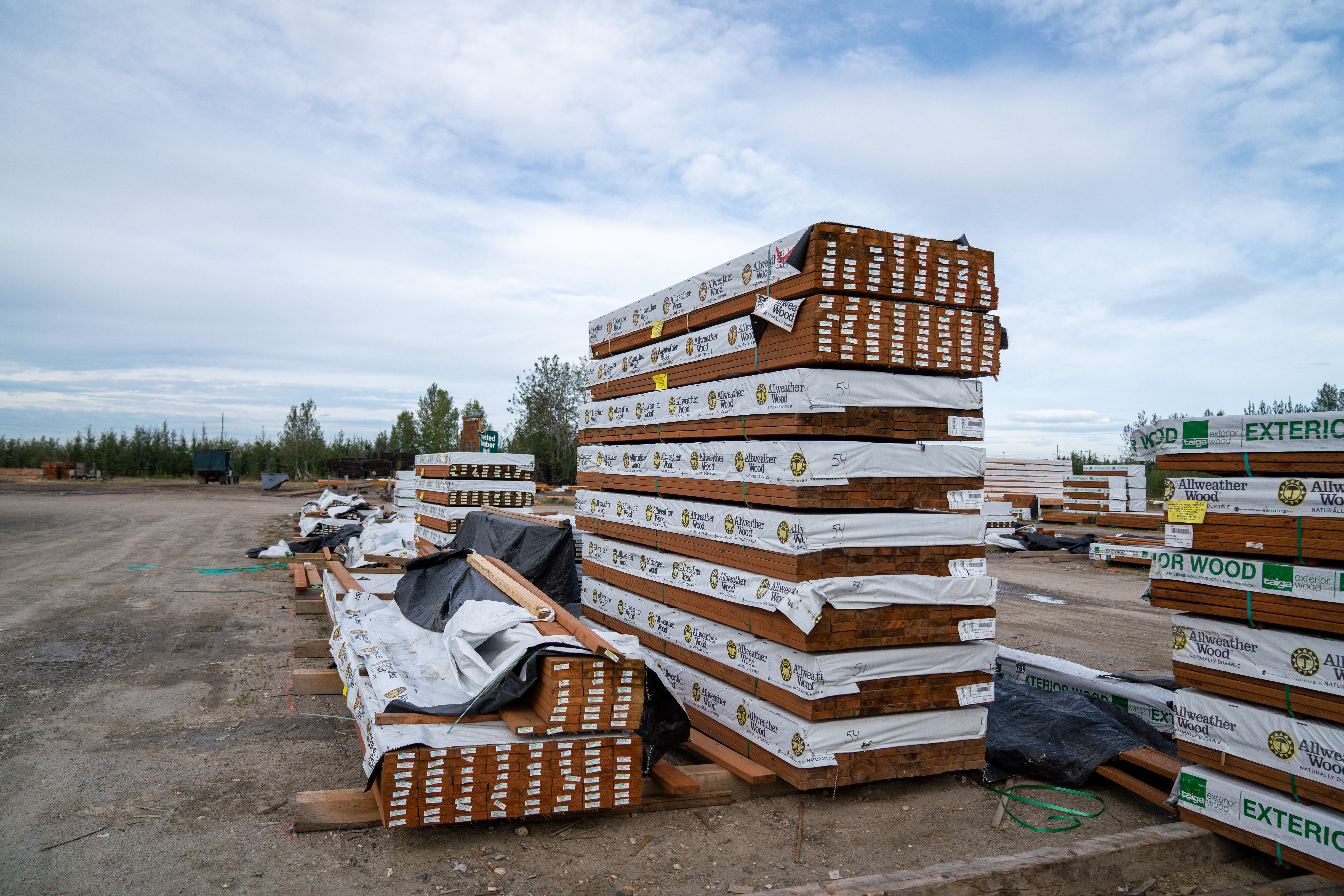 Alaska white spruce, railroad ties Alaska, pressure treated lumber Fairbanks, metal roofing Anchorage, foam insulation Alaska, rough cut timbers, 12x12 wood beams, tongue and groove paneling, sheetrock and access panels, snow stop roofing, ice and water shield, treated utility poles