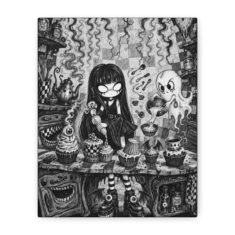 Thumbnail: Gothic Tea Party Matte Canvas Wall Art — Spooky Girl & Ghost Baking Illustration
