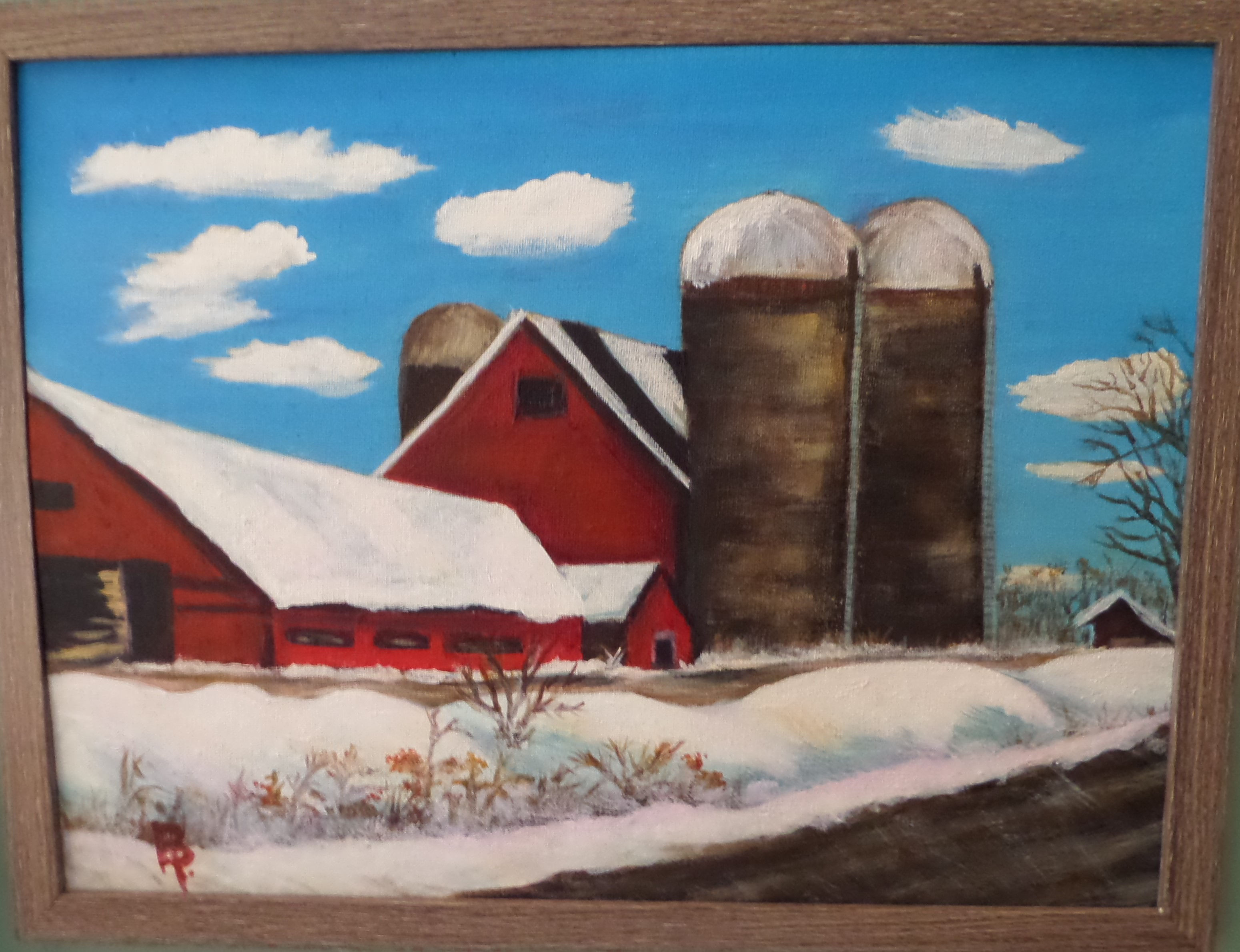 3 silo and roadside red barn farm.