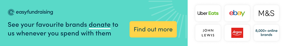 Easyfundraising banner on teal background, featuring Uber Eats, eBay, M&S, John Lewis, Argos logos, encouraging donations from brands.