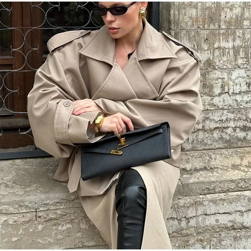 Thumbnail: Solid Laepl Lace Up Trench Coat Women Fashion Full Sleeve Waist Cinching Short W