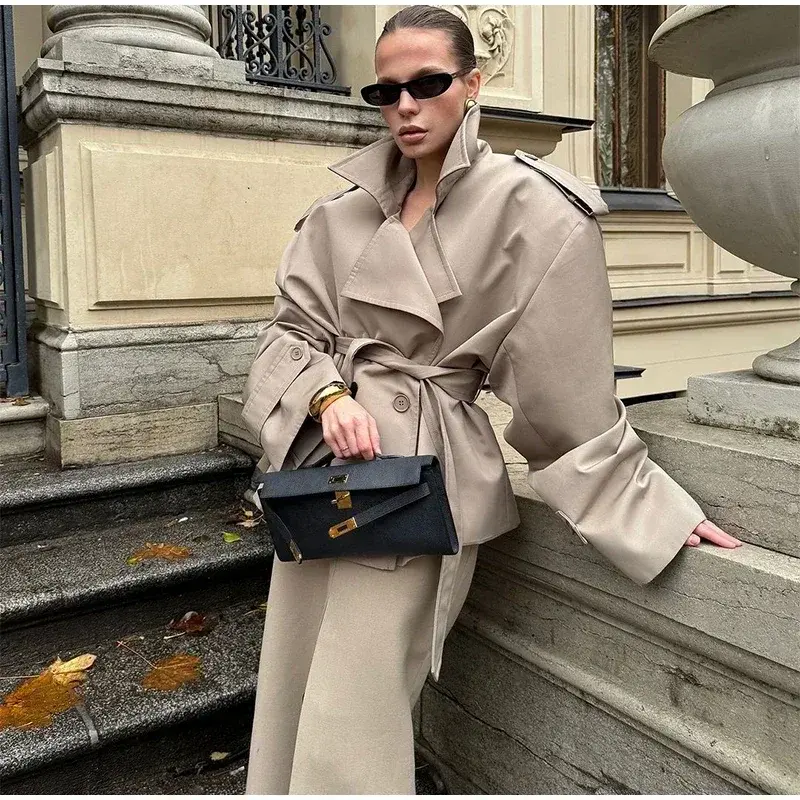 Solid Laepl Lace Up Trench Coat Women Fashion Full Sleeve Waist Cinching Short W