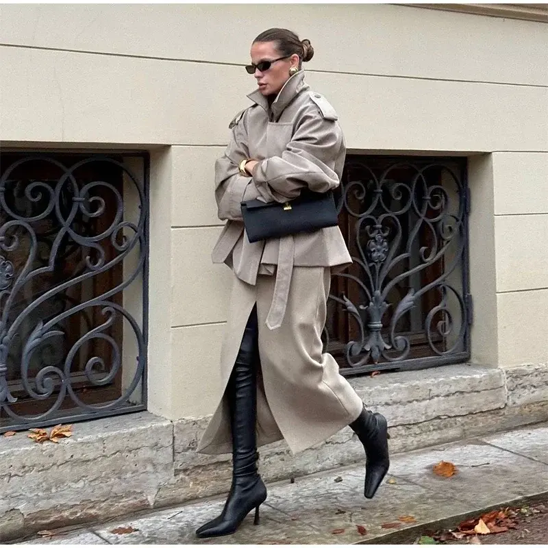 Thumbnail: Solid Laepl Lace Up Trench Coat Women Fashion Full Sleeve Waist Cinching Short W
