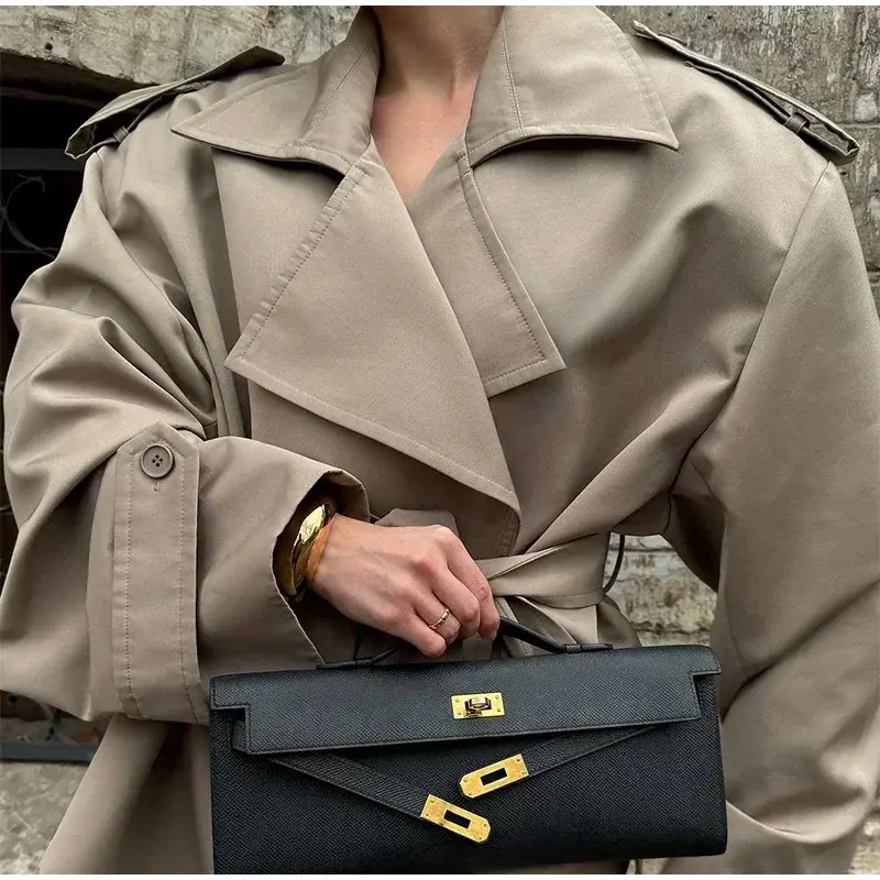 Thumbnail: Solid Laepl Lace Up Trench Coat Women Fashion Full Sleeve Waist Cinching Short W