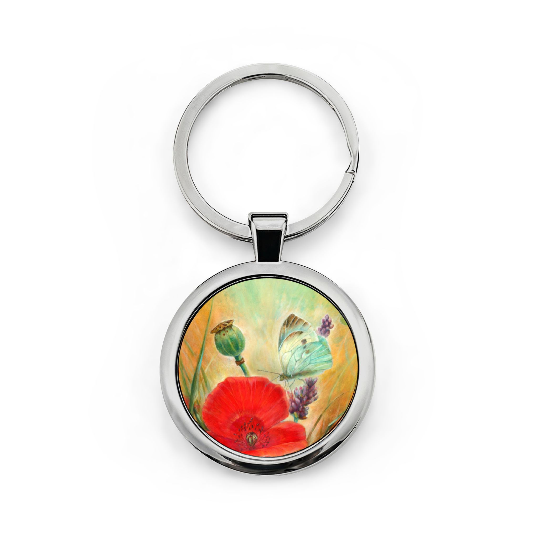 Poppy & White Butterfly Stainless Steel Keychain — Art by Dorothia Rohner