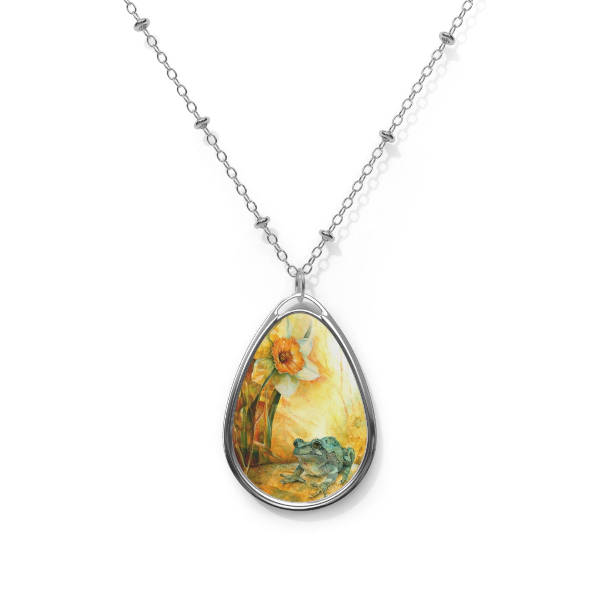 Happy Frog & Daffodil Teardrop Pendant Necklace — by Dorothia Rohner