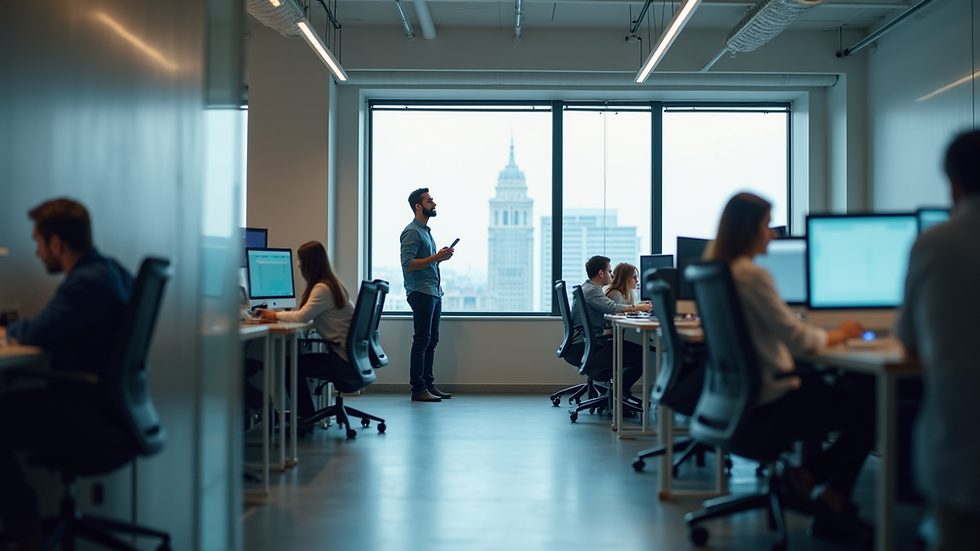 Eye-level view of a modern office workspace with data scientists collaborating