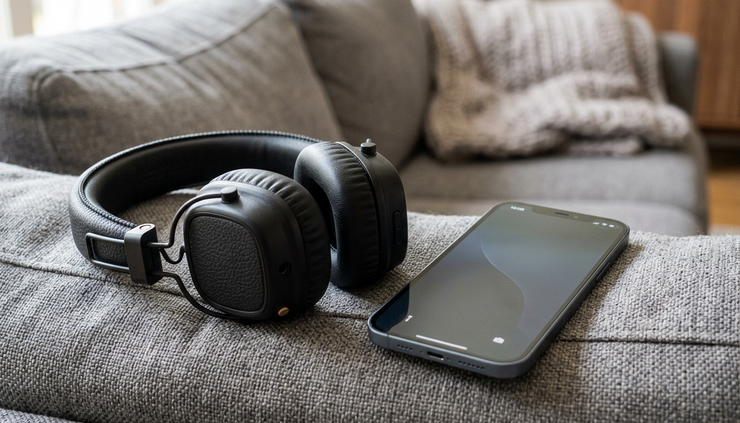 Close-up de um headphone premium apoiado ao lado de um smartphone