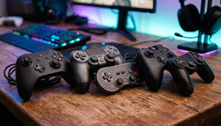 Close-up de controles gamers sobre uma mesa de madeira com iluminação colorida