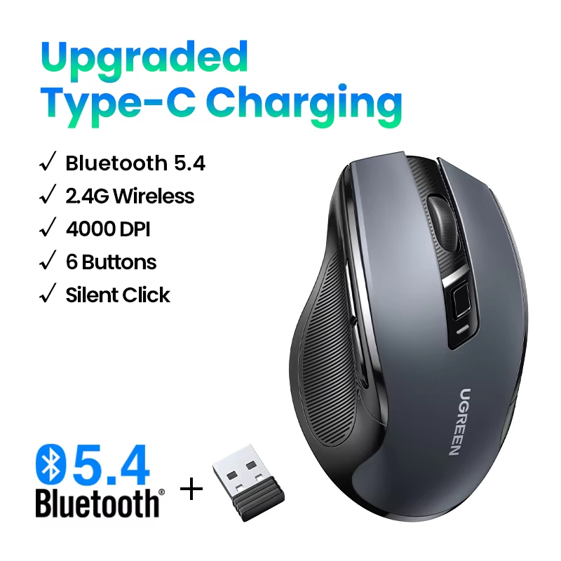 サムネイル： UGREEN Wireless Mouse Bluetooth5.0 Mouse Ergonomic 4000DPI 6 Mute Buttons Mouse 