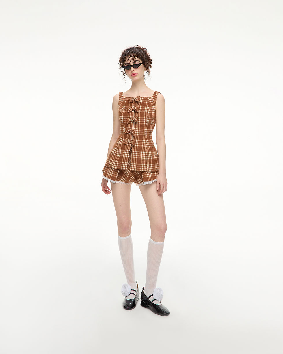 Thumbnail: PARRISHI TOP - BOW HAND-CRAFTED FRONT CLOSURE CHECKED SLEEVELESS TOP
