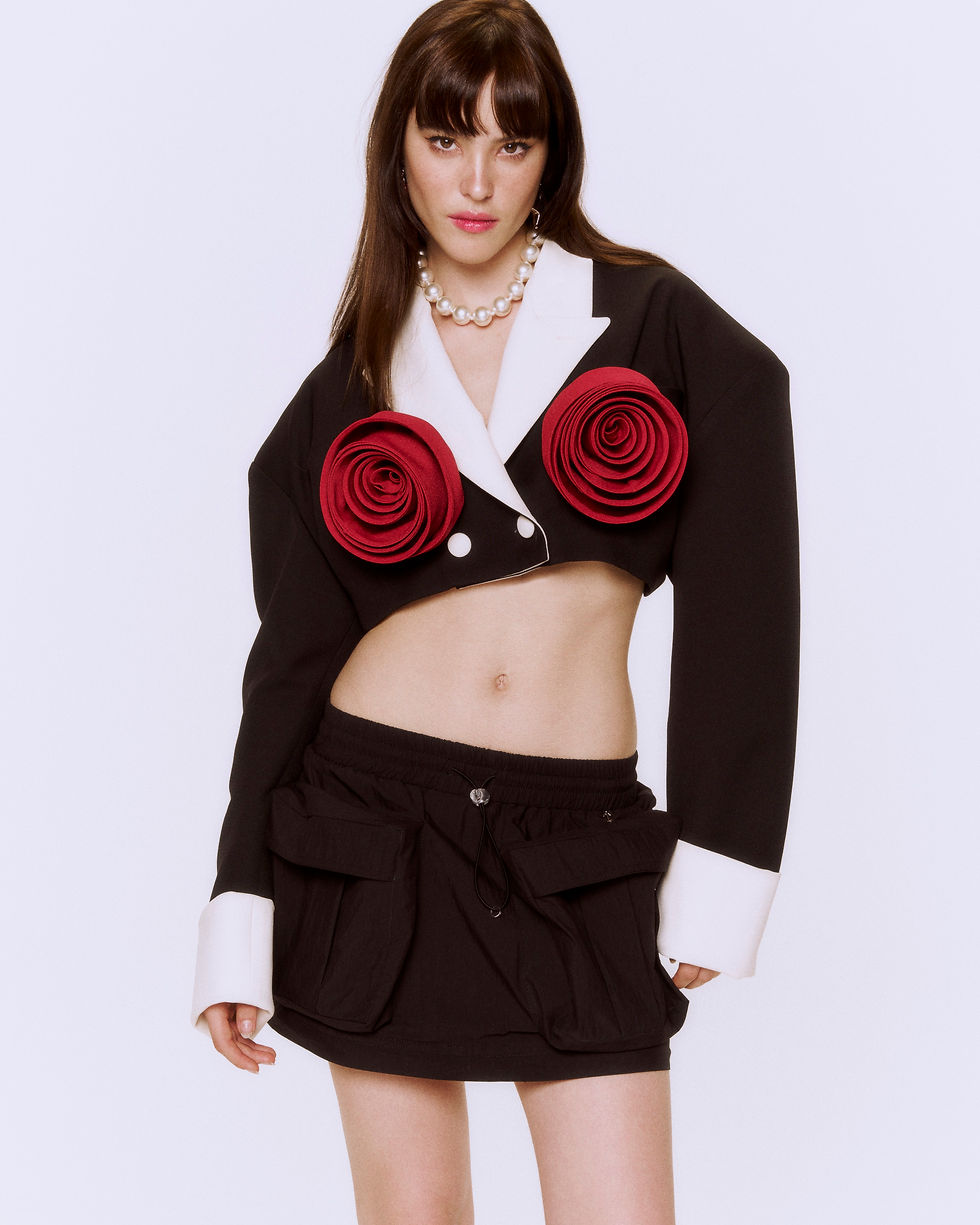 Thumbnail: WILKERSON TOP - ROSES HAND-CRAFTED PIN TWO-TONE SHOULDER PADD CROP BLAZER
