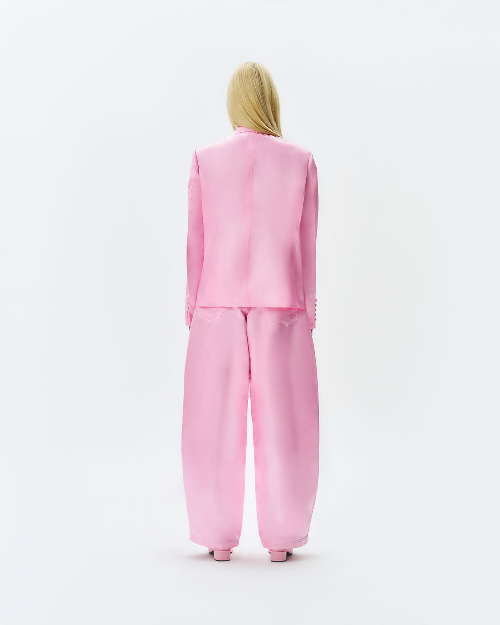 Thumbnail: SHELTON PINK BLAZER - ROSE HAND-CRAFTED PIN DOUBLE BREASTED SATIN BLAZER