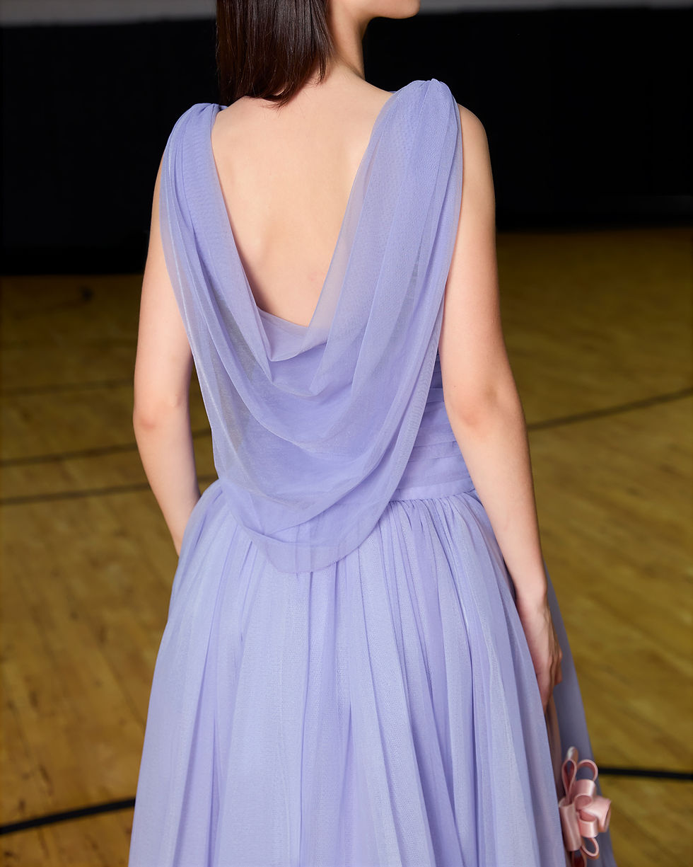 Thumbnail: ODETTE DRESS - CAPE-EFFECT DRAPED BACK SLEEVELESS RUCHED TULLE BALLOON M