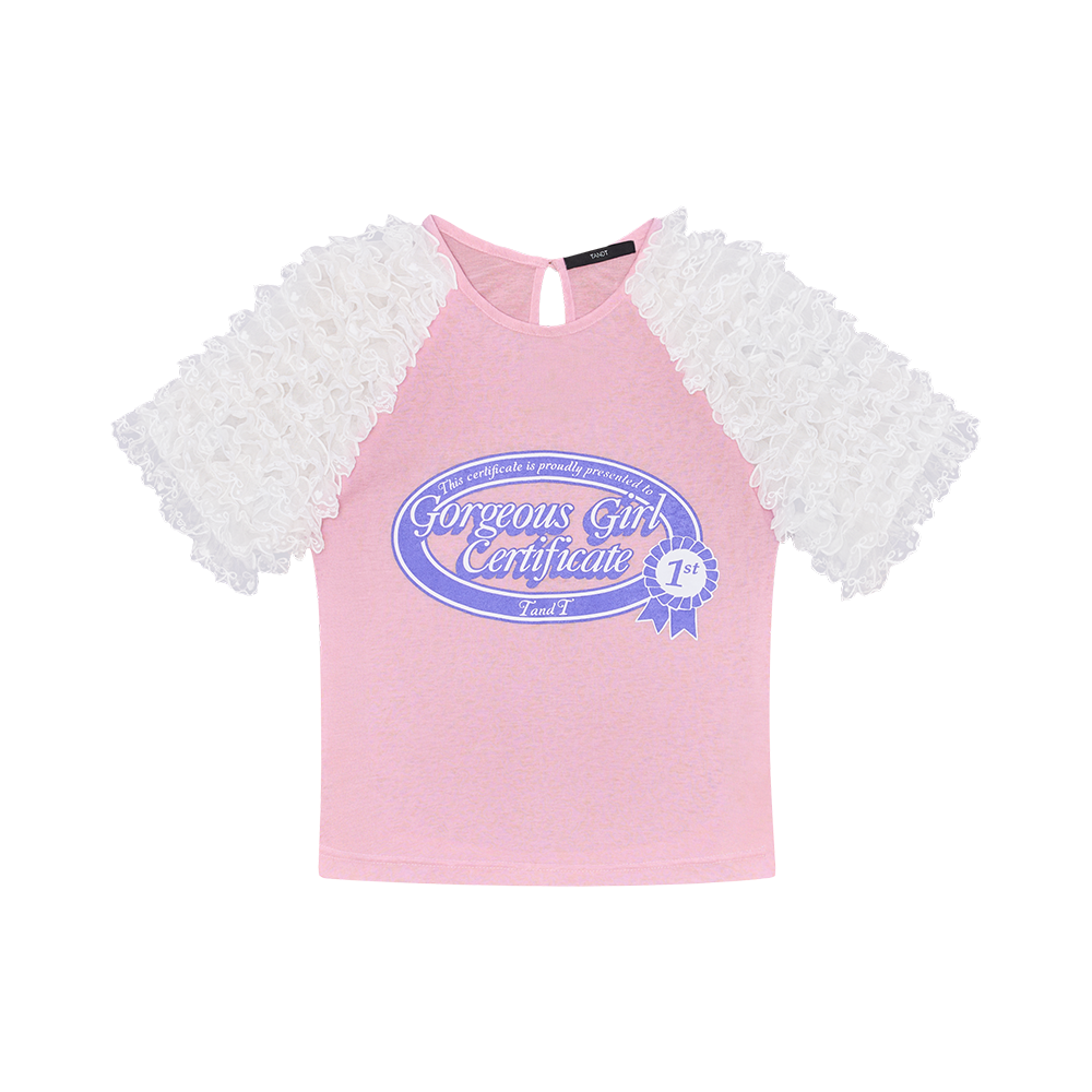 CERTIFYME PINK T-SHIRT - CERTIFYME PRINTED LACE TIERED RAGLAN CROP T-SHI