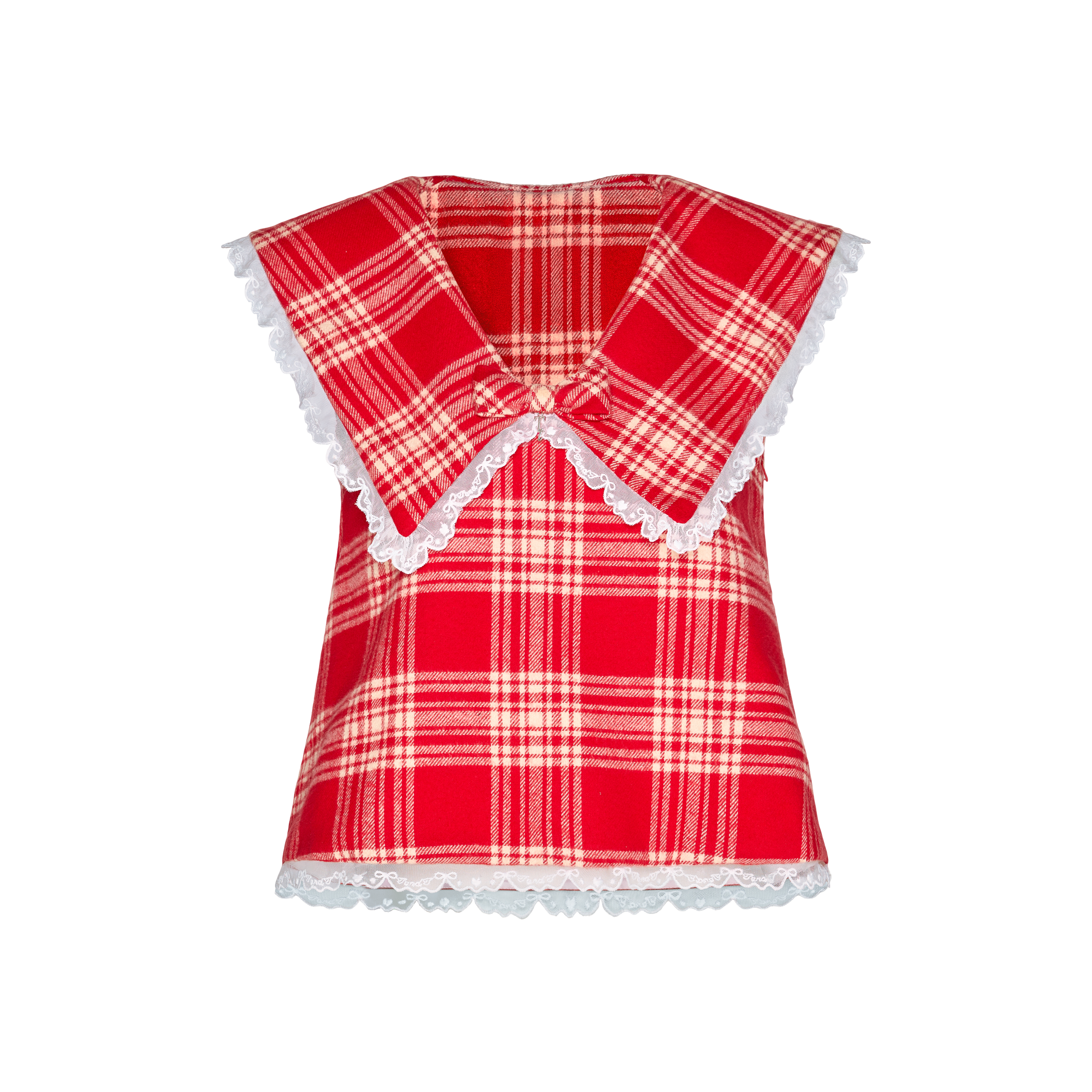 MILDA TOP - SAILOR COLLAR LACE TRIMMED CHECKED SLEEVELESS TOP