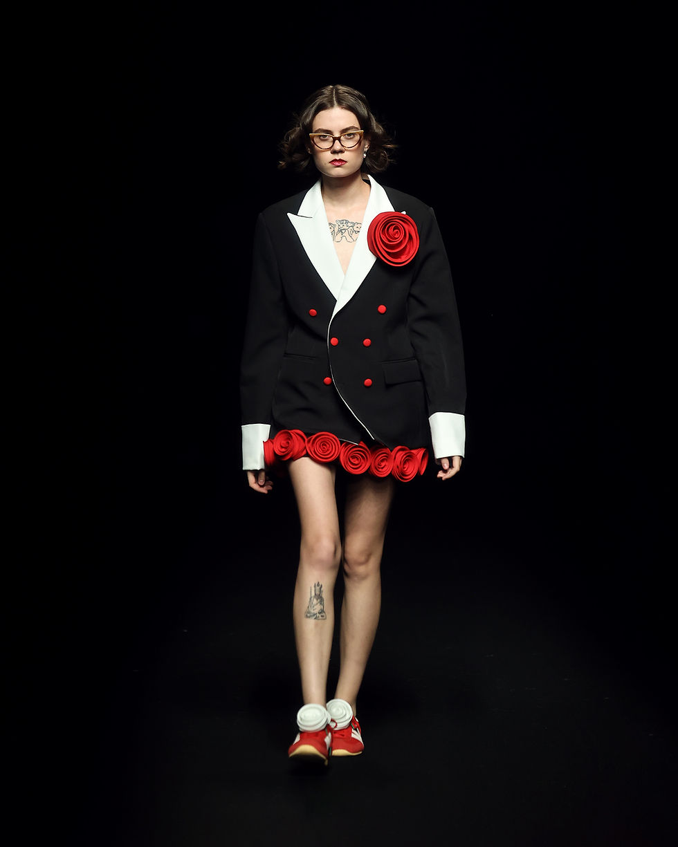 Thumbnail: SHELTON BLACK AND WHITE BLAZER - ROSE HAND-CRAFTED PIN TWO-TONE DOUBLE BREASTED