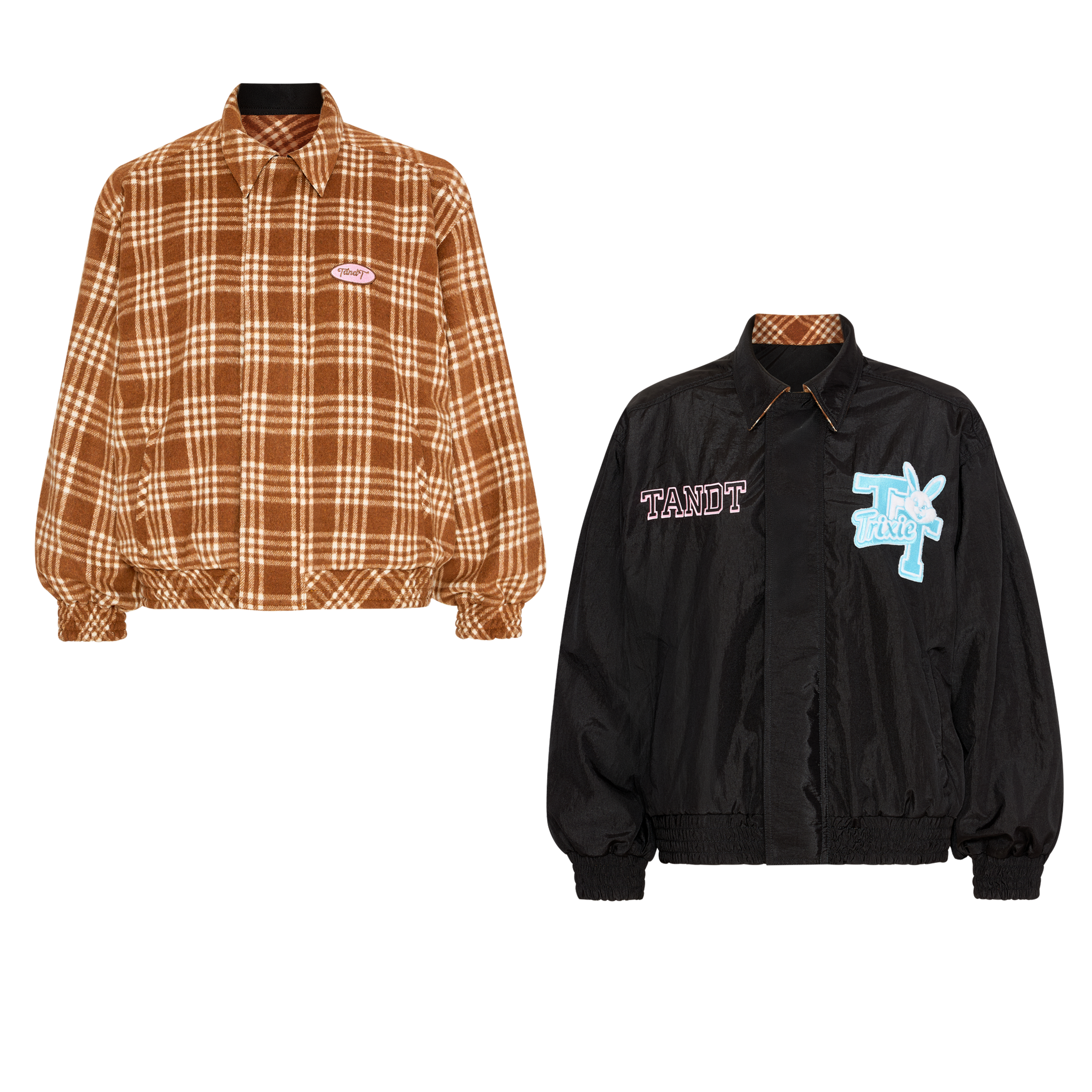 HANKY-PANKY BROWN&BLACK JACKET - EMBROIDERED TRIXIE LOGO NYLON AND CHECKED REVER