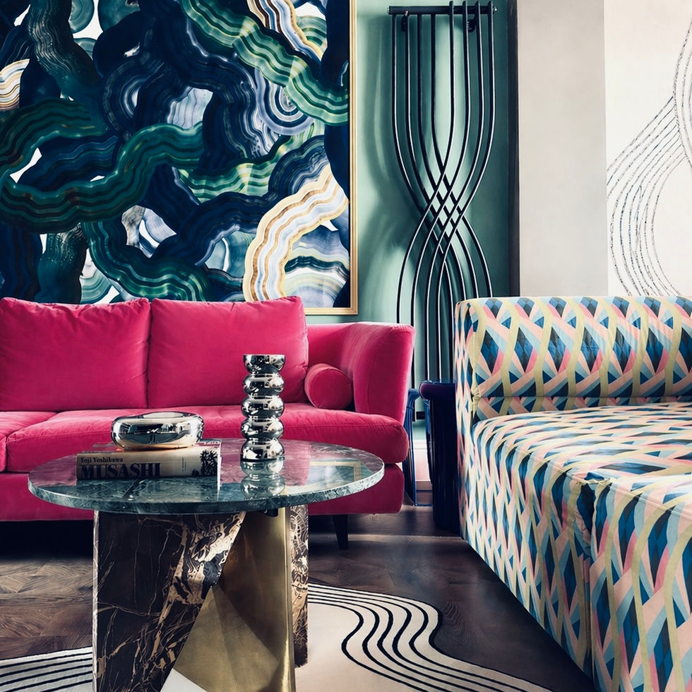 Morphing Spaces vibrant living room with pink sofa and art