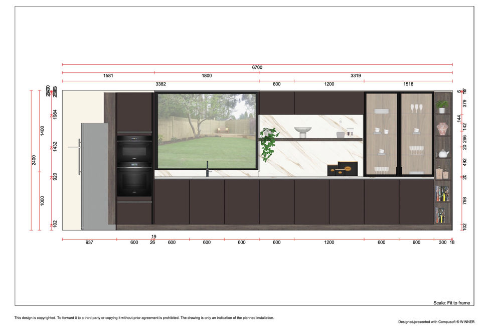 Kitchen elevation drawing illustrating the proposed cabinetry layout, integrated appliances, picture window, marble-effect splashback, display cabinets, and key dimensions as part of the interior design and kitchen planning process.