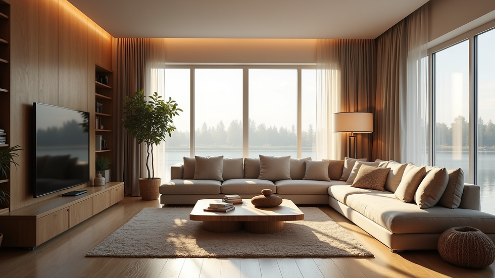 Wide angle view of a living room with layered lighting and large windows