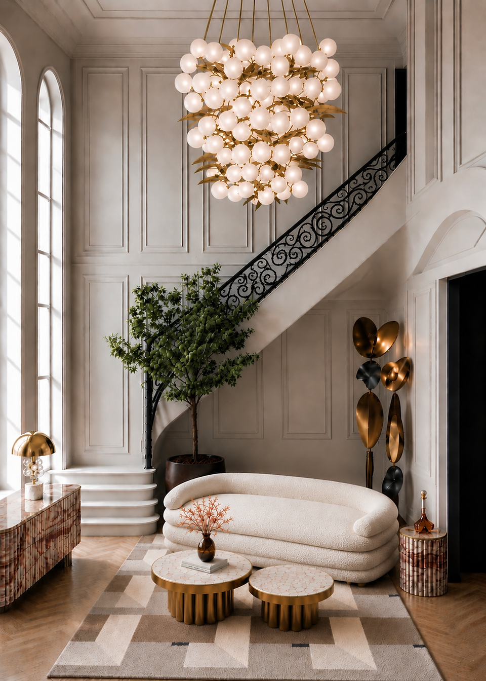 A sophisticated living room with traditional moulding panels on the wall, high windows and elegant decor. A marble side board on the left side provide a display for a table lamp. A two sizes marble coffee tables are placed in front of a boucle upholstered organic shaped sofa. Next to it is side table with a beautiful conic cristal bottle.  Behind the sofa there is a large plant that brings warmth and a sculptural Floor light on the right that creates soft ambiance. A soft rug tight the hole space together. 