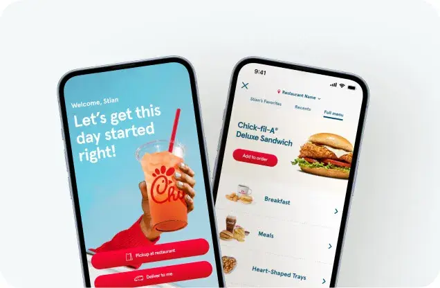 Chick-fil-A app displaying menu and welcome message