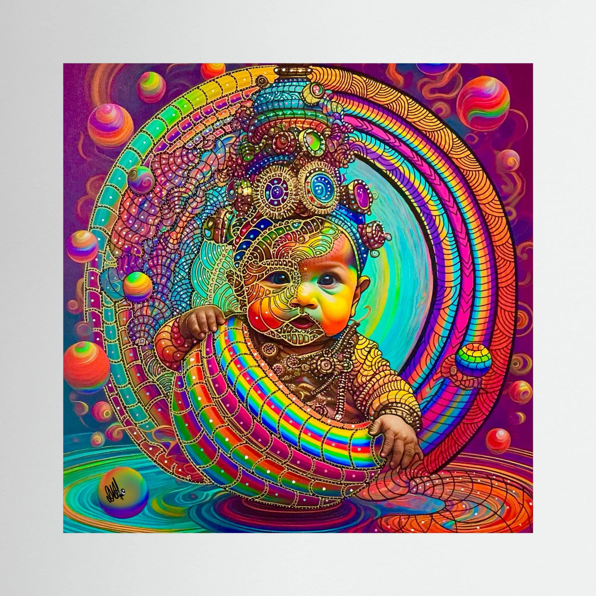 Mixed media. Acrylic on printed canvas. Print.