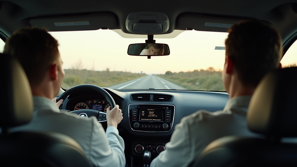 Eye-level view of a person practicing driving in a car