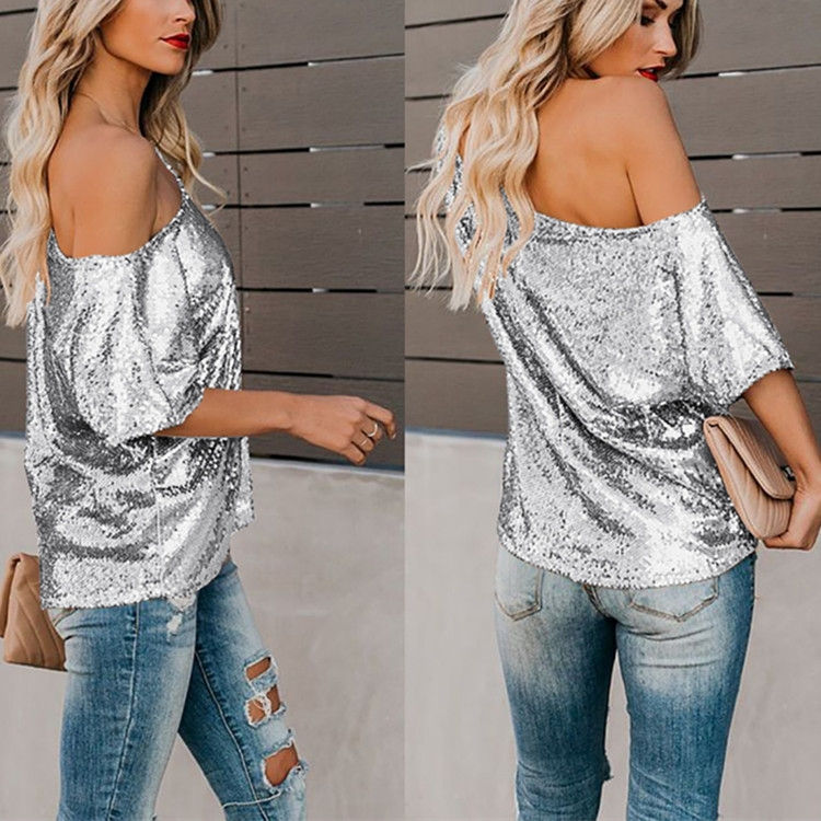 Thumbnail: Short-Sleeved Solid Color Sequins Word Shoulder Shirt for Women