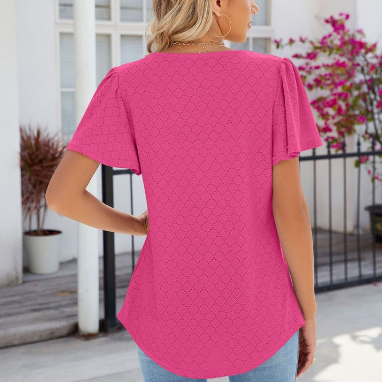 Thumbnail: Spring and Summer Square Neck Pleated Short Sleeve Ladies Loose T-Shirt Top