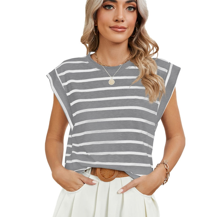 Thumbnail: Women Stripe Style Summer Loose Top Basic T-Shirt Round Neck Casual Tank