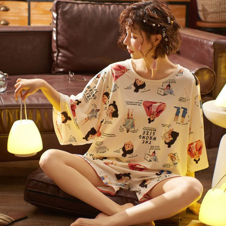 Thumbnail: 2pcs/Set Women Spring And Summer Thin Pajamas Short Sleeve Shorts Homewear